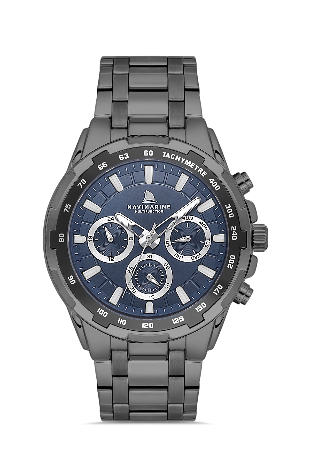 Gray wristwatch with a blue dial on a white background