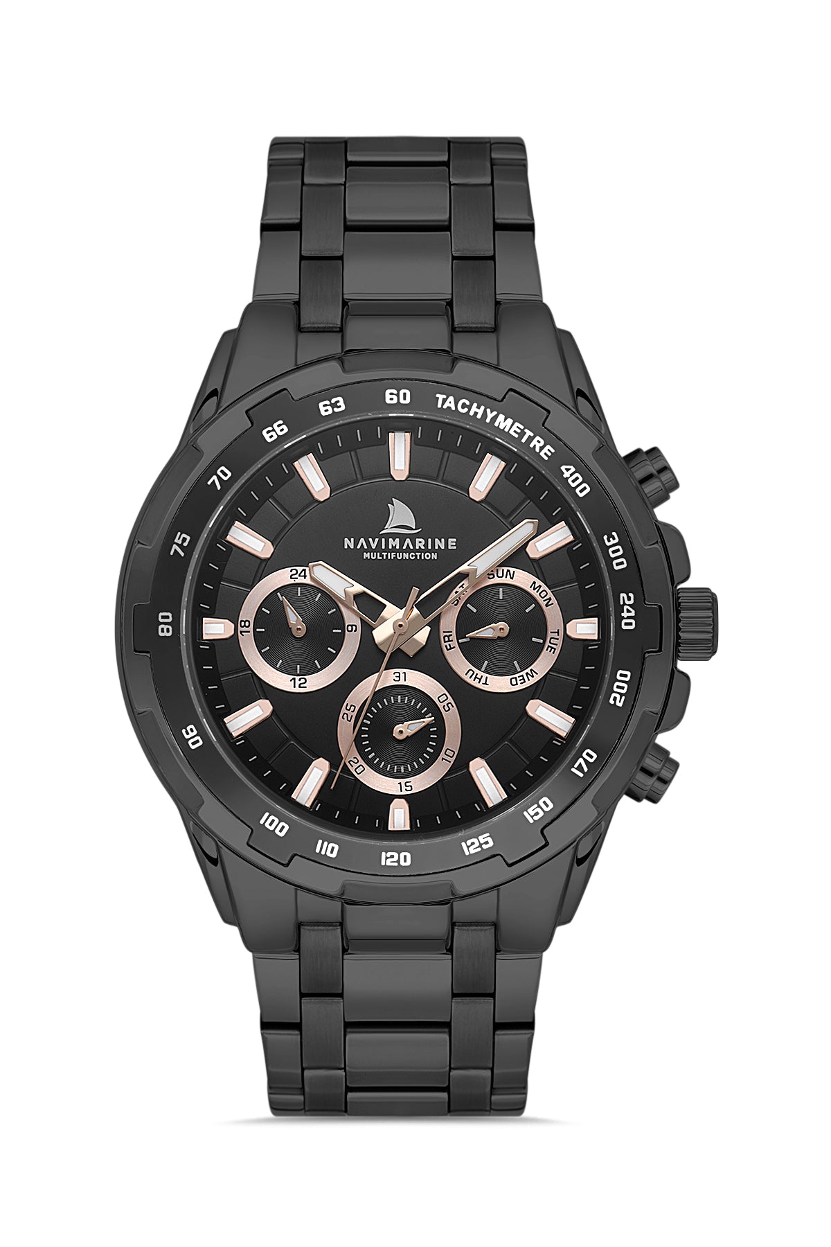 Black Navimagine watch with multiple sub-dials on a white background