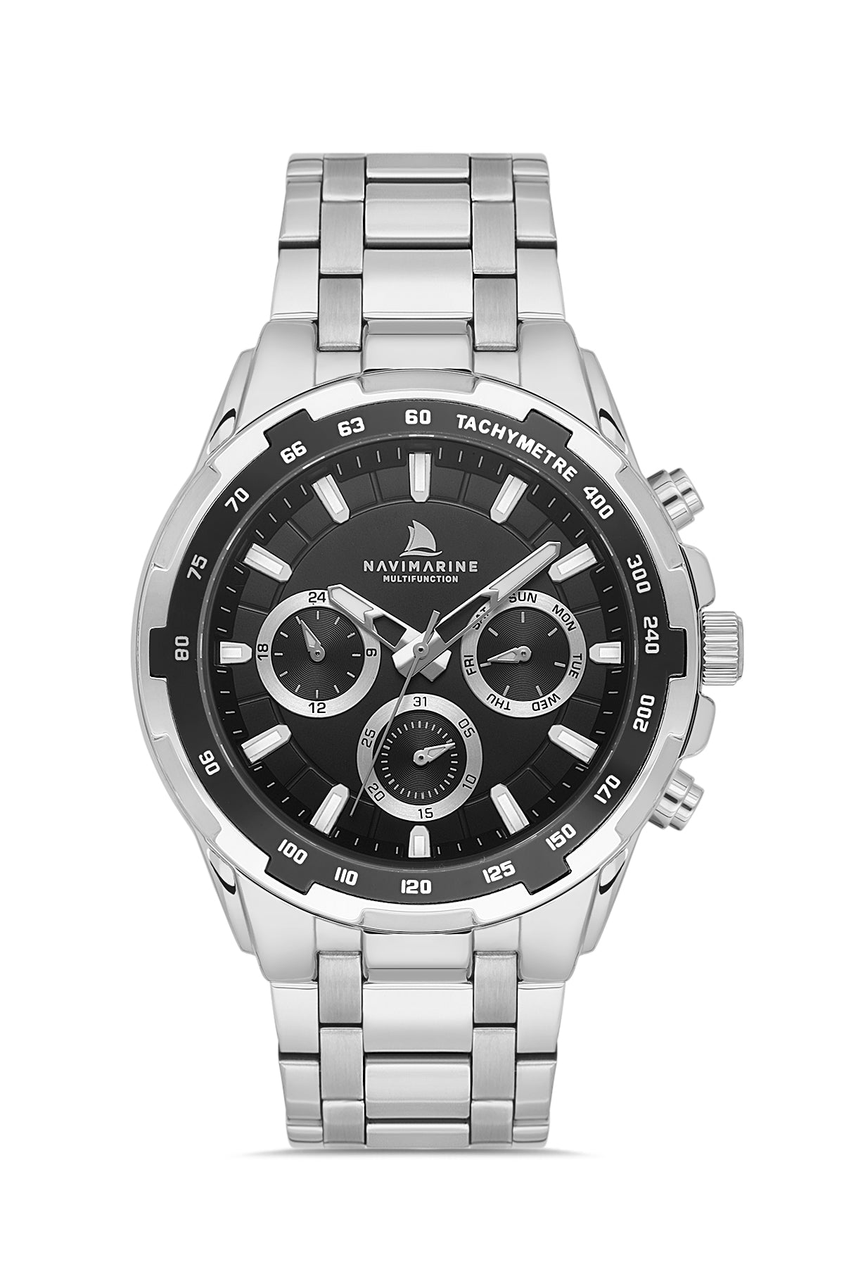 Silver wristwatch with a black dial on a white background