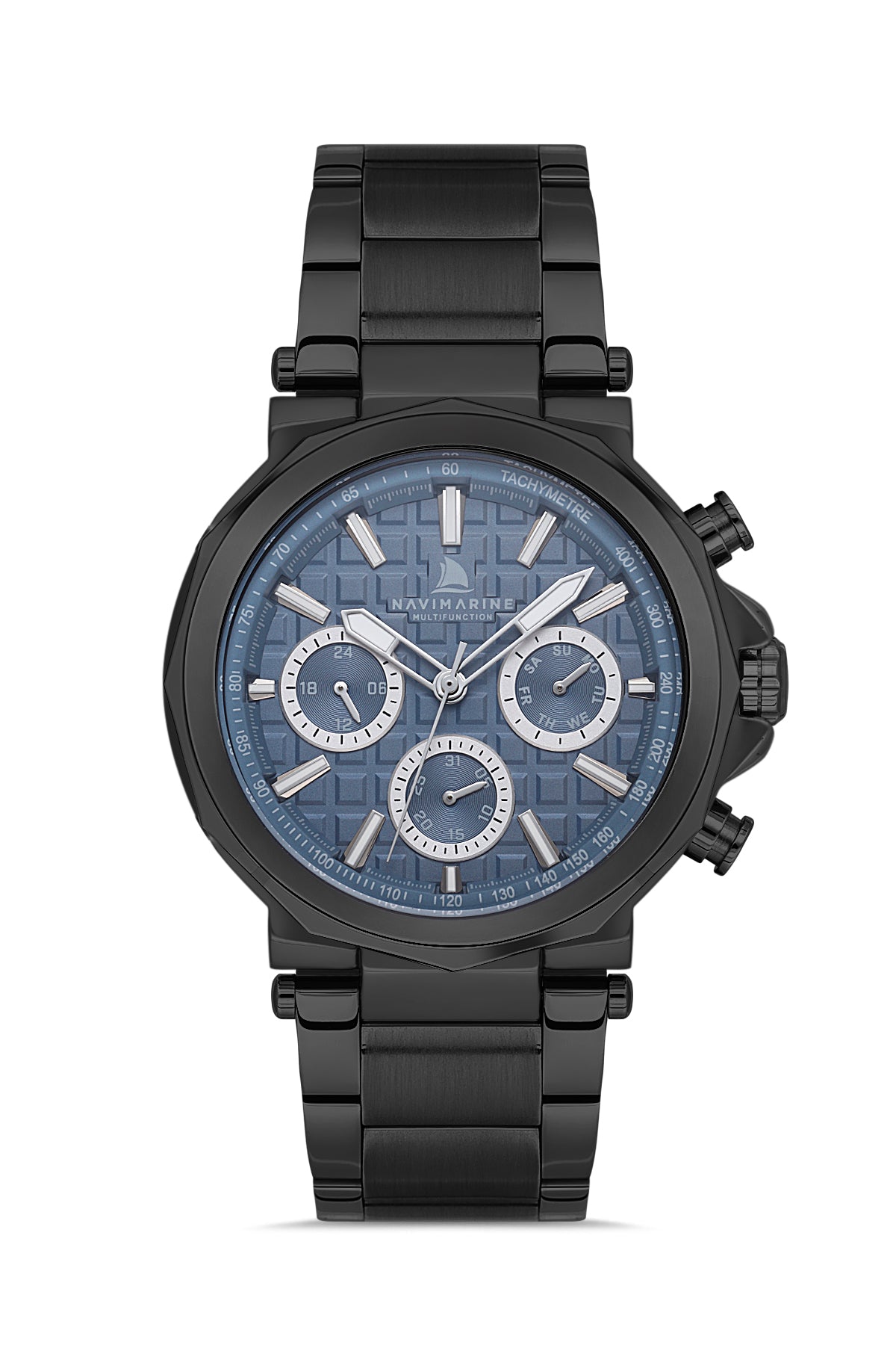 Black wristwatch with blue face on a white background
