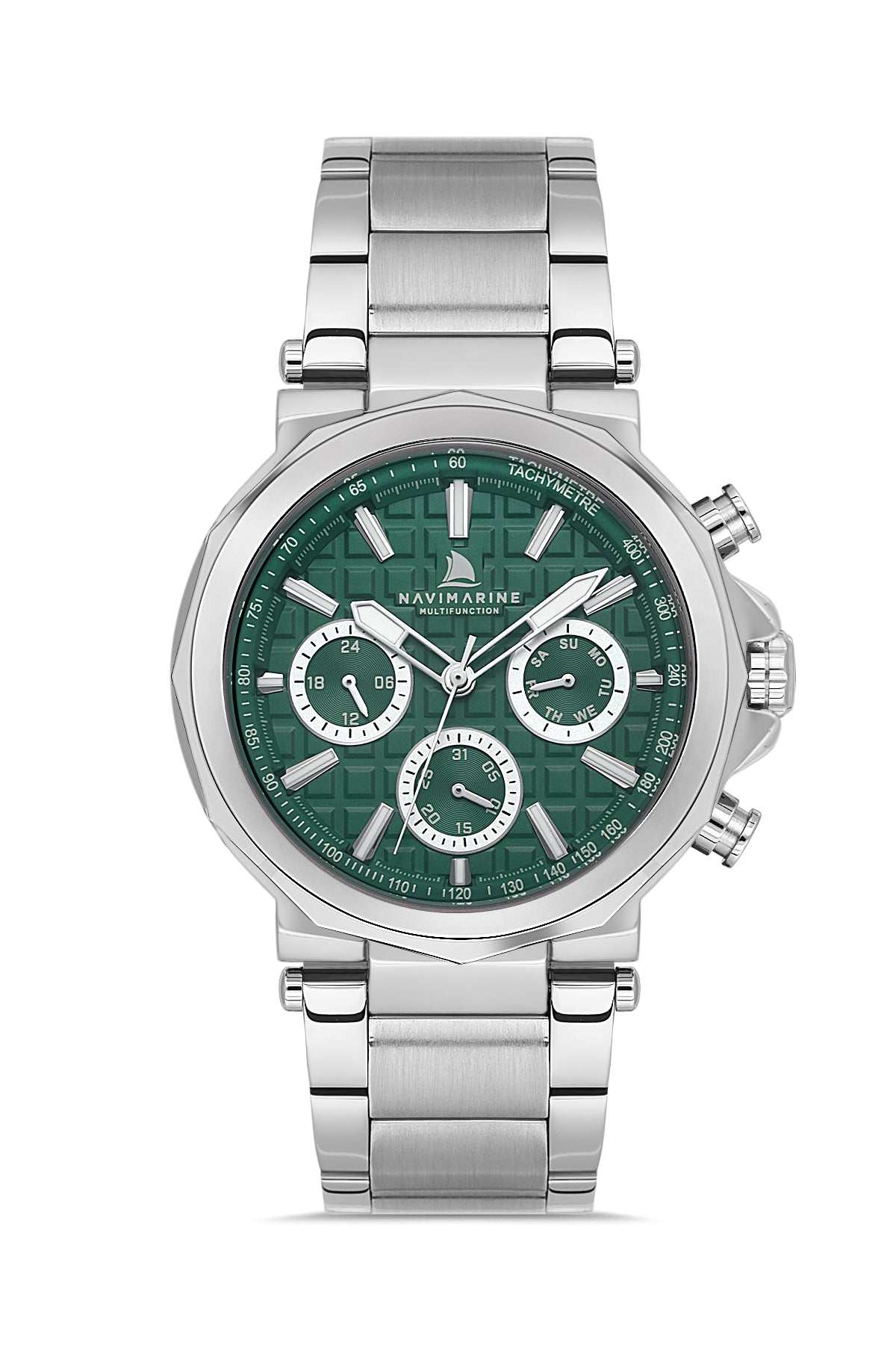 Silver watch with green dial on a white background