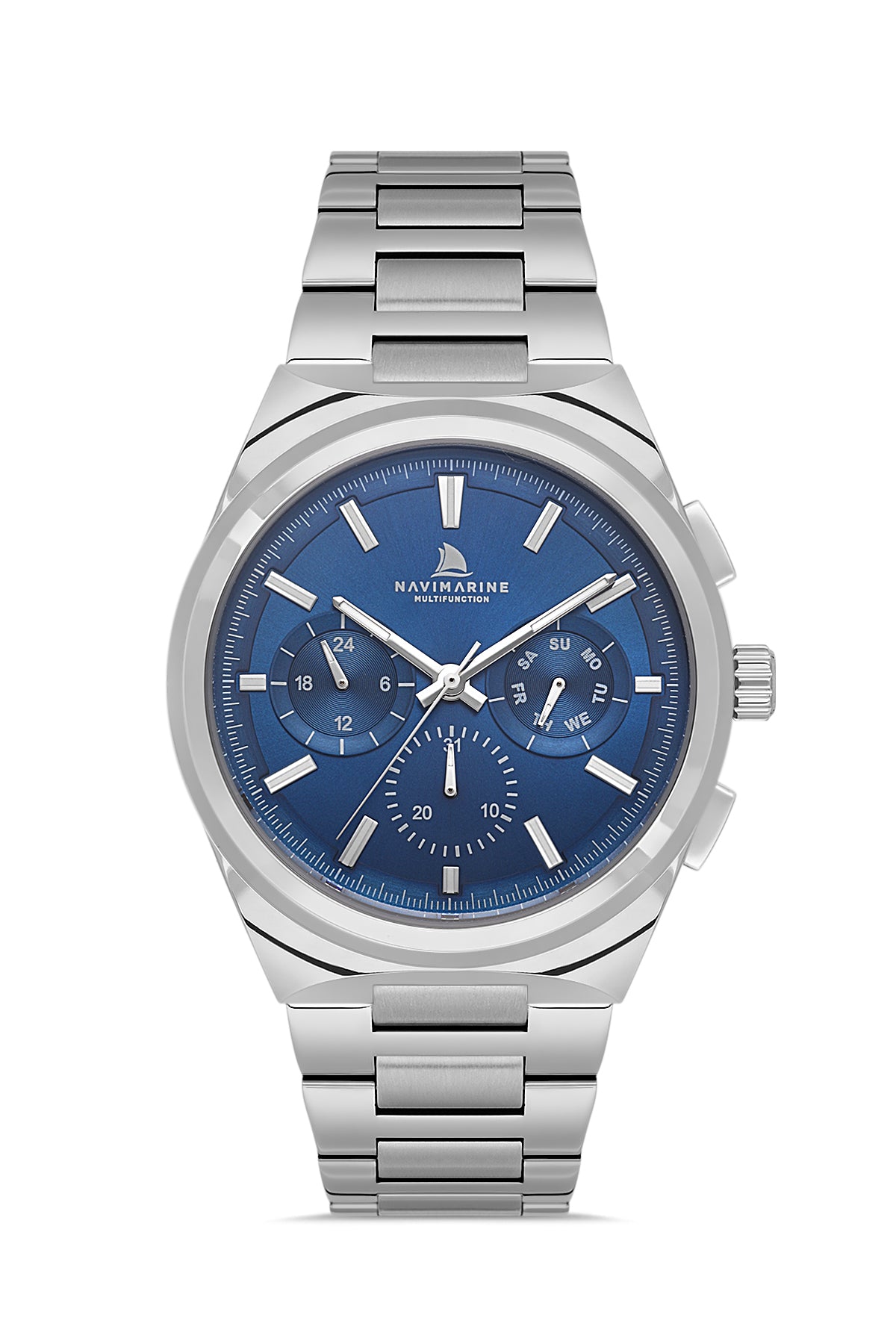 Silver watch with blue dial on a white background