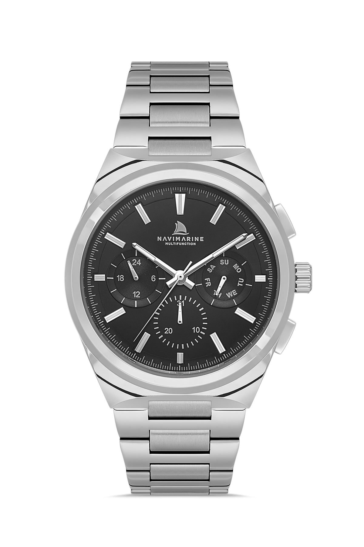 Silver watch with black dial on a white background