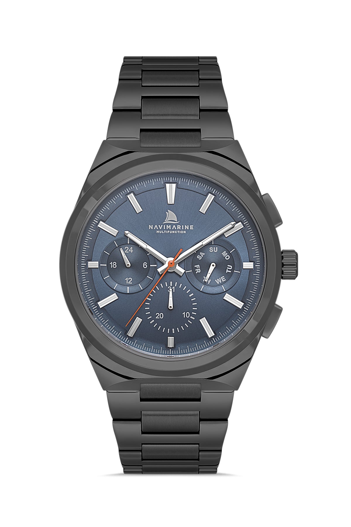 Black wristwatch with a blue dial on a white background