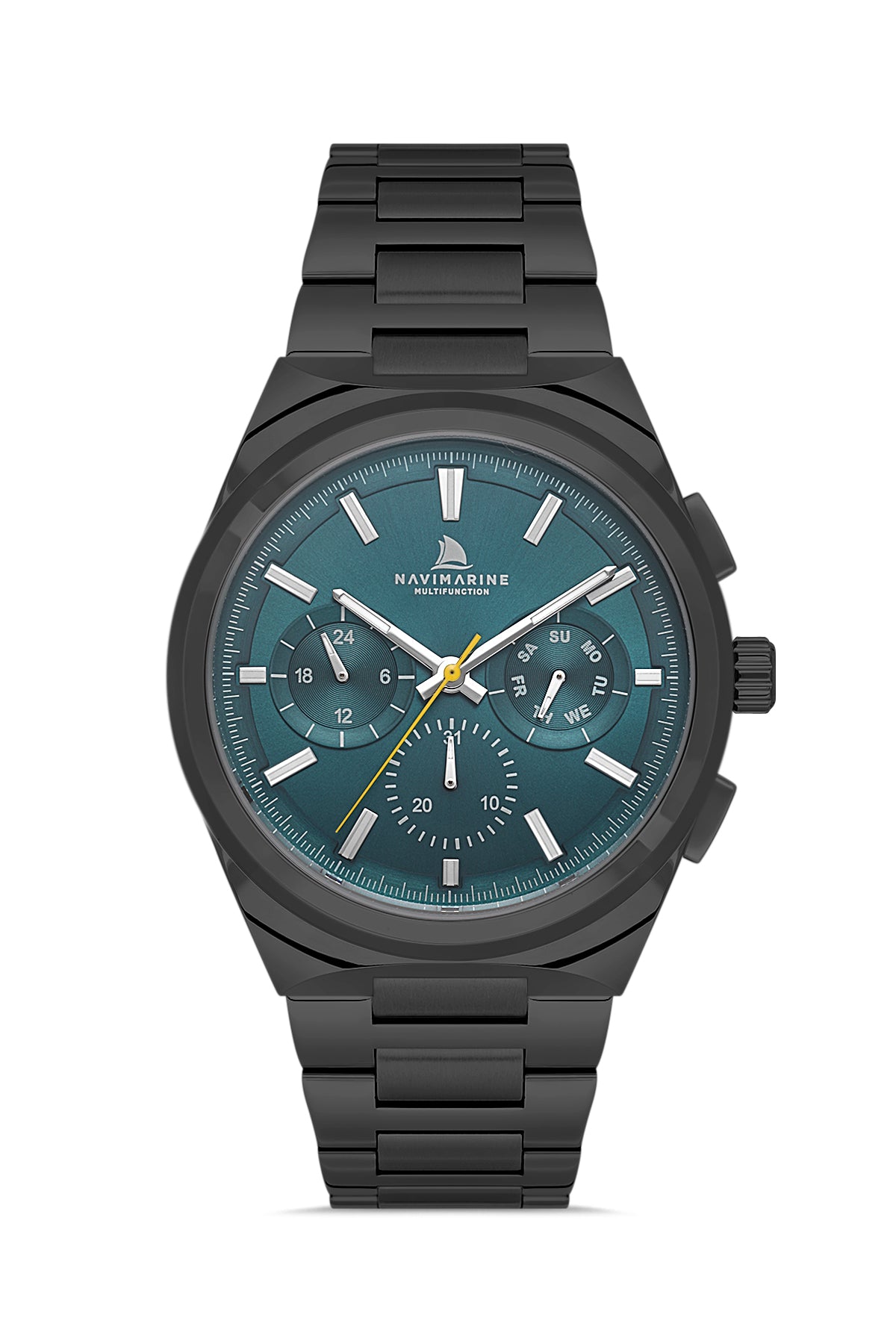 Black wristwatch with a blue dial on a white background