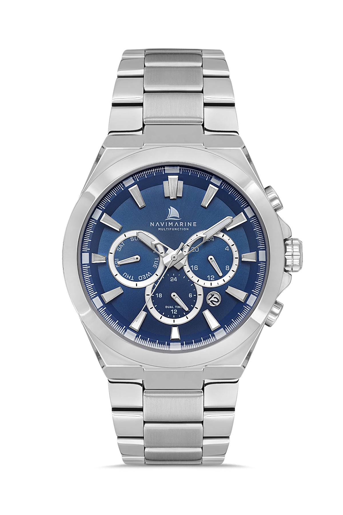 Silver watch with blue dial on a white background