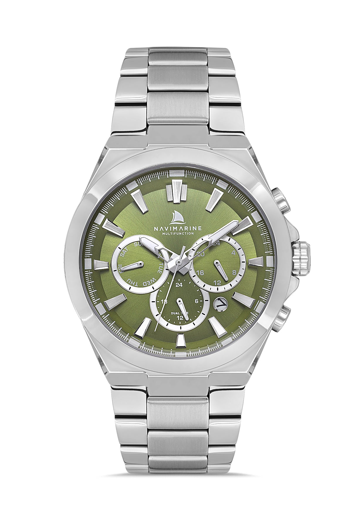 Silver watch with a green face on a white background