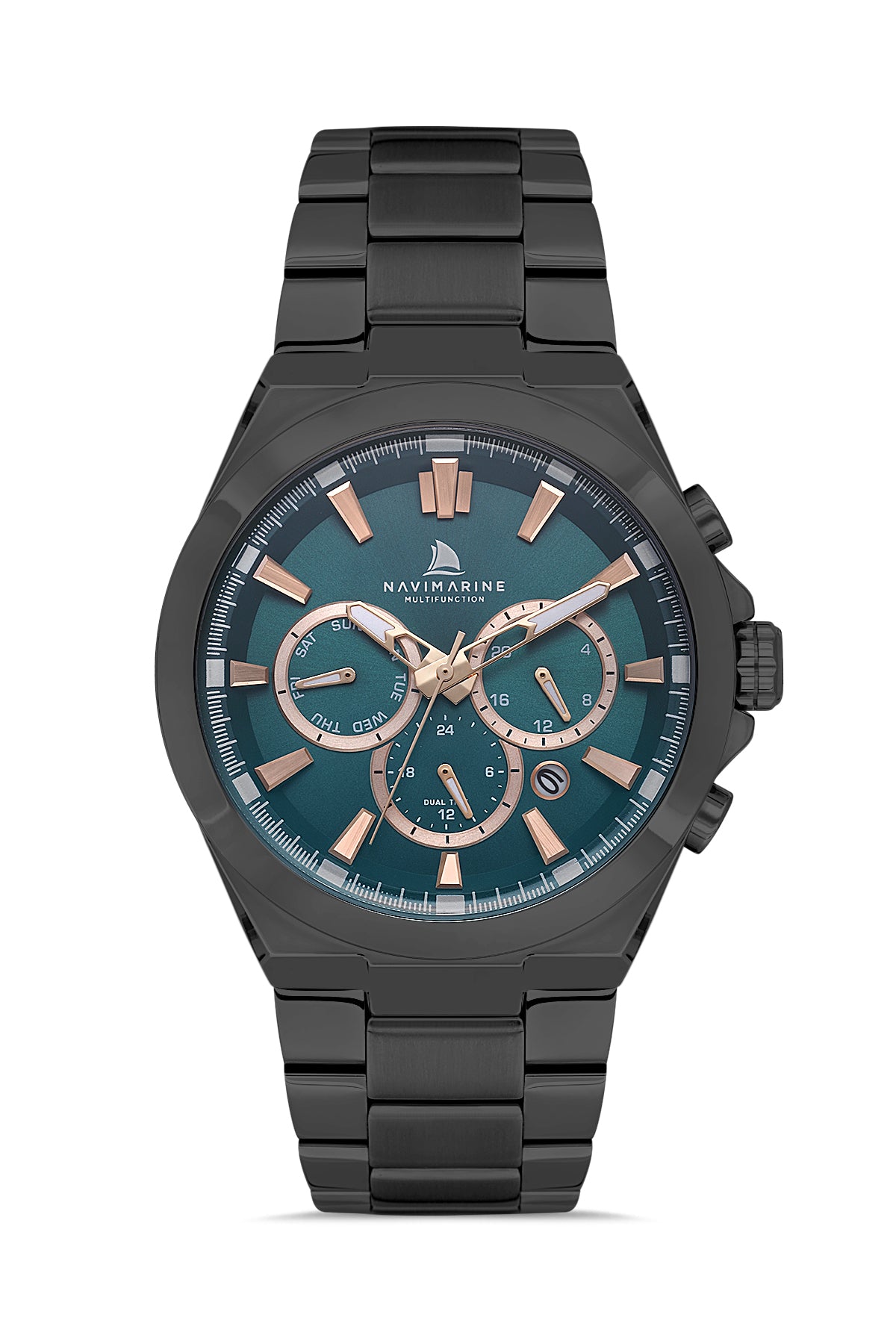 Black and rose gold watch with blue dial on a white background