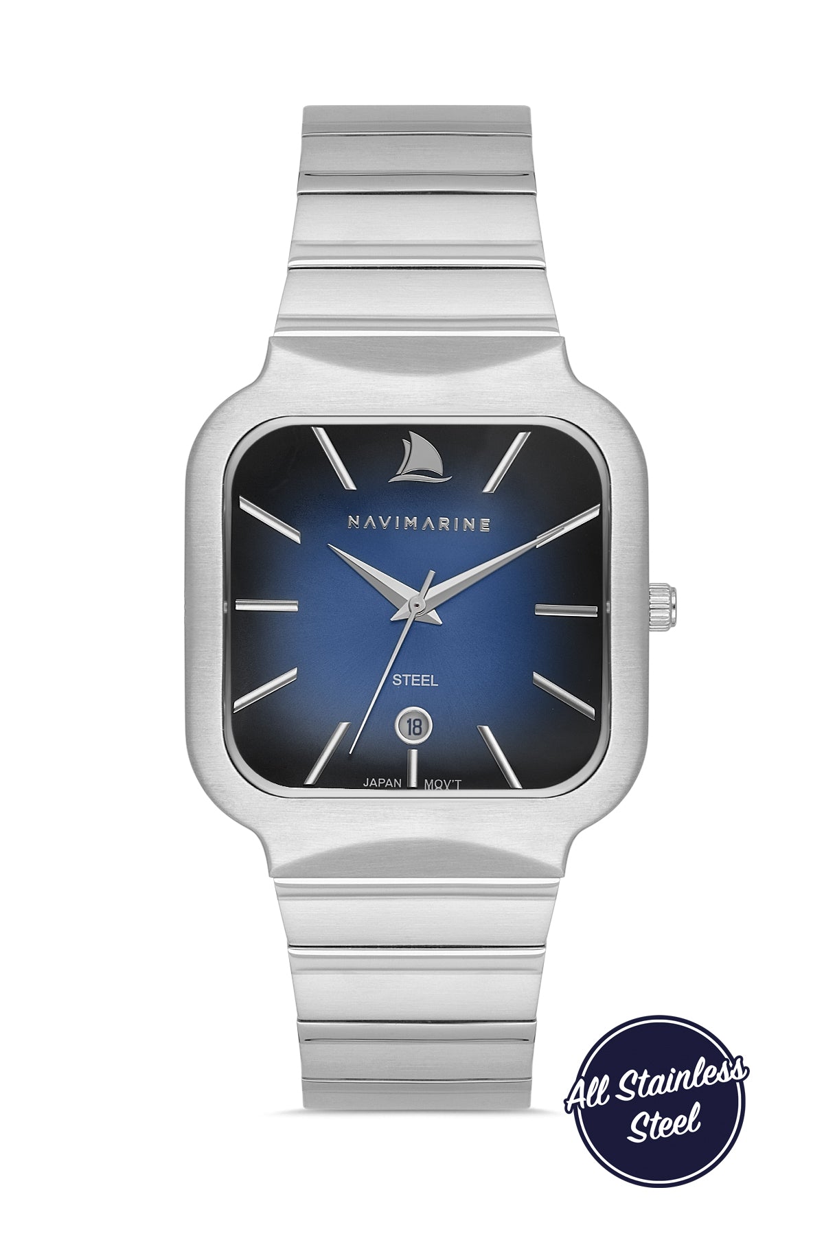 Silver watch with blue face on a white background, featuring the brand 'Navimarine'.