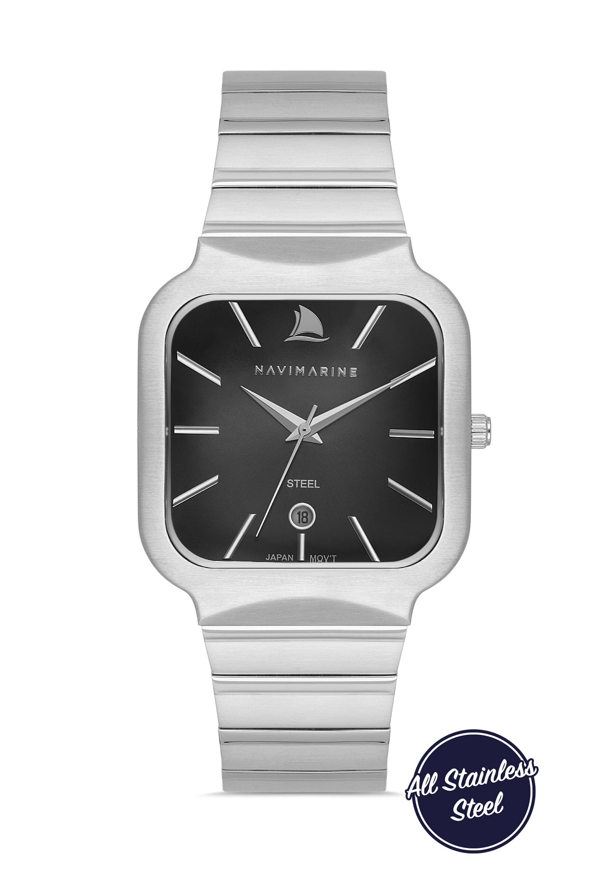 Silver watch with black face on a white background