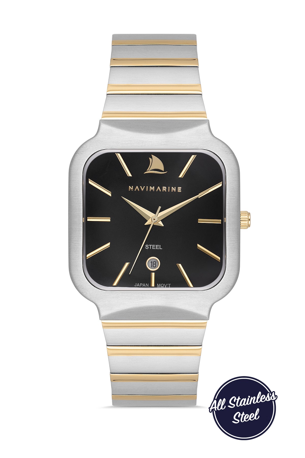 Navimarine watch with silver and gold band on a white background