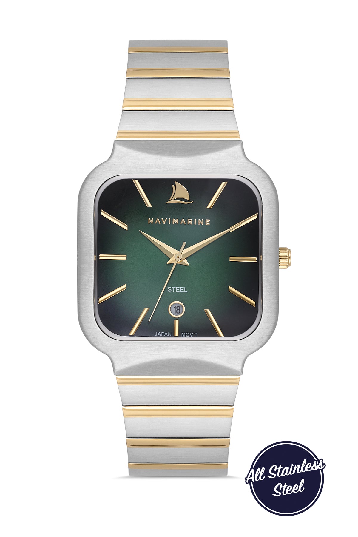 Navimarine watch with silver and gold band on white background