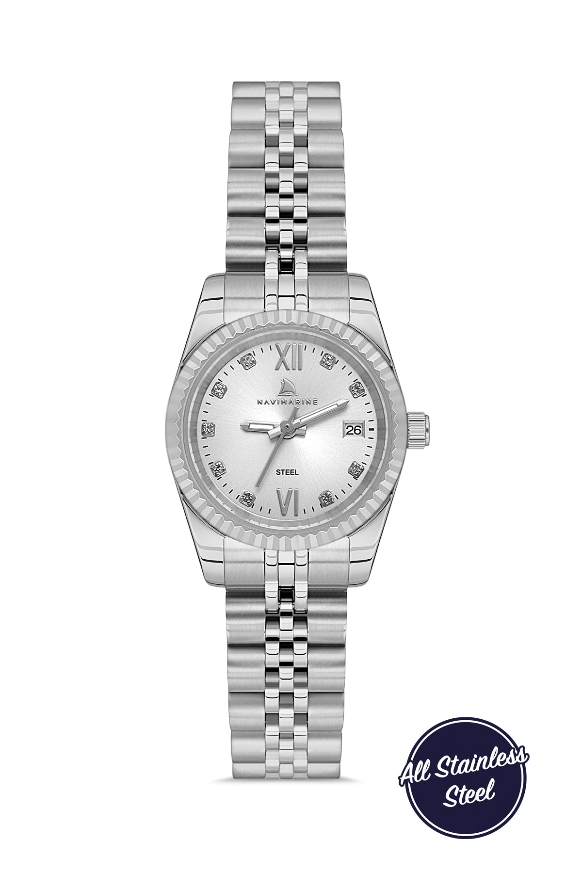Silver watch with a white face on a white background, featuring the brand name.