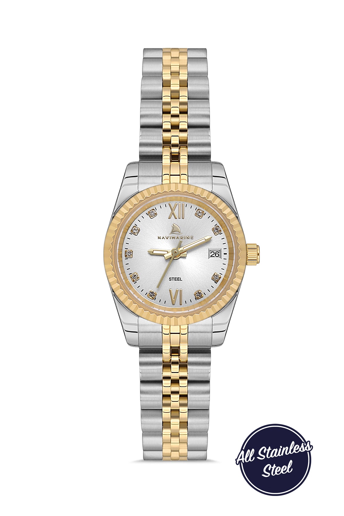 Two-tone silver and gold watch with a white face on a white background