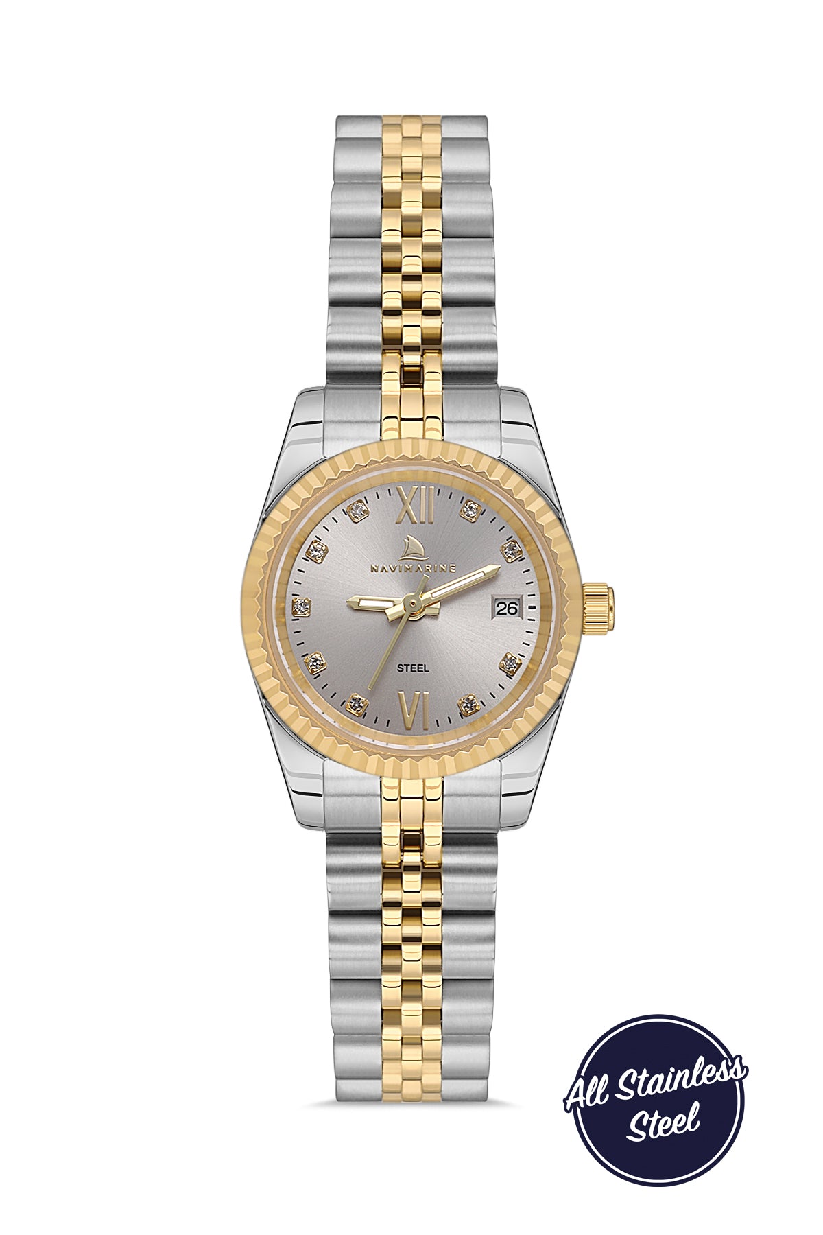 Two-tone watch with gold and silver band on a white background