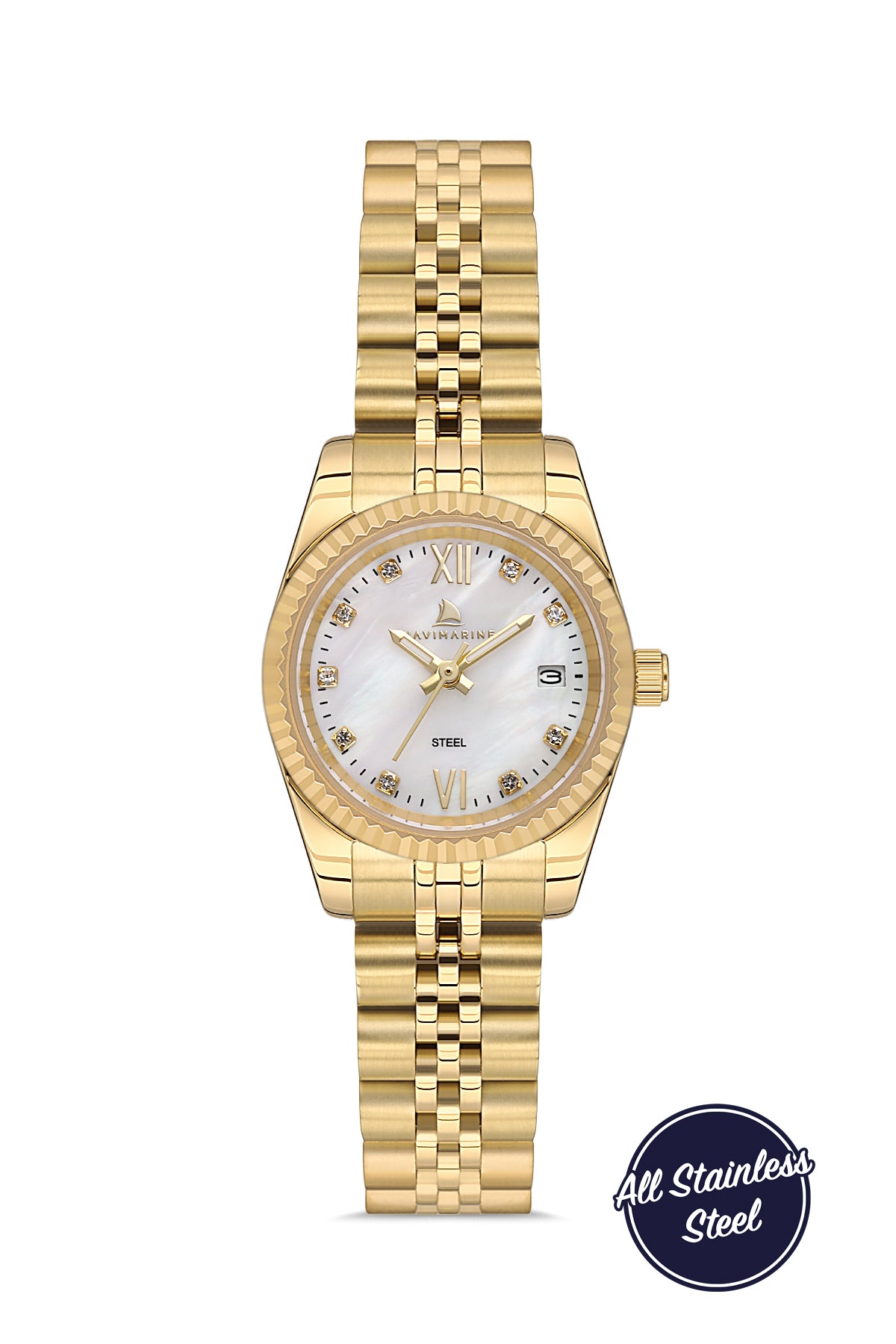 Gold wristwatch with a white face on a white background, featuring 'All Stainless Steel' text.