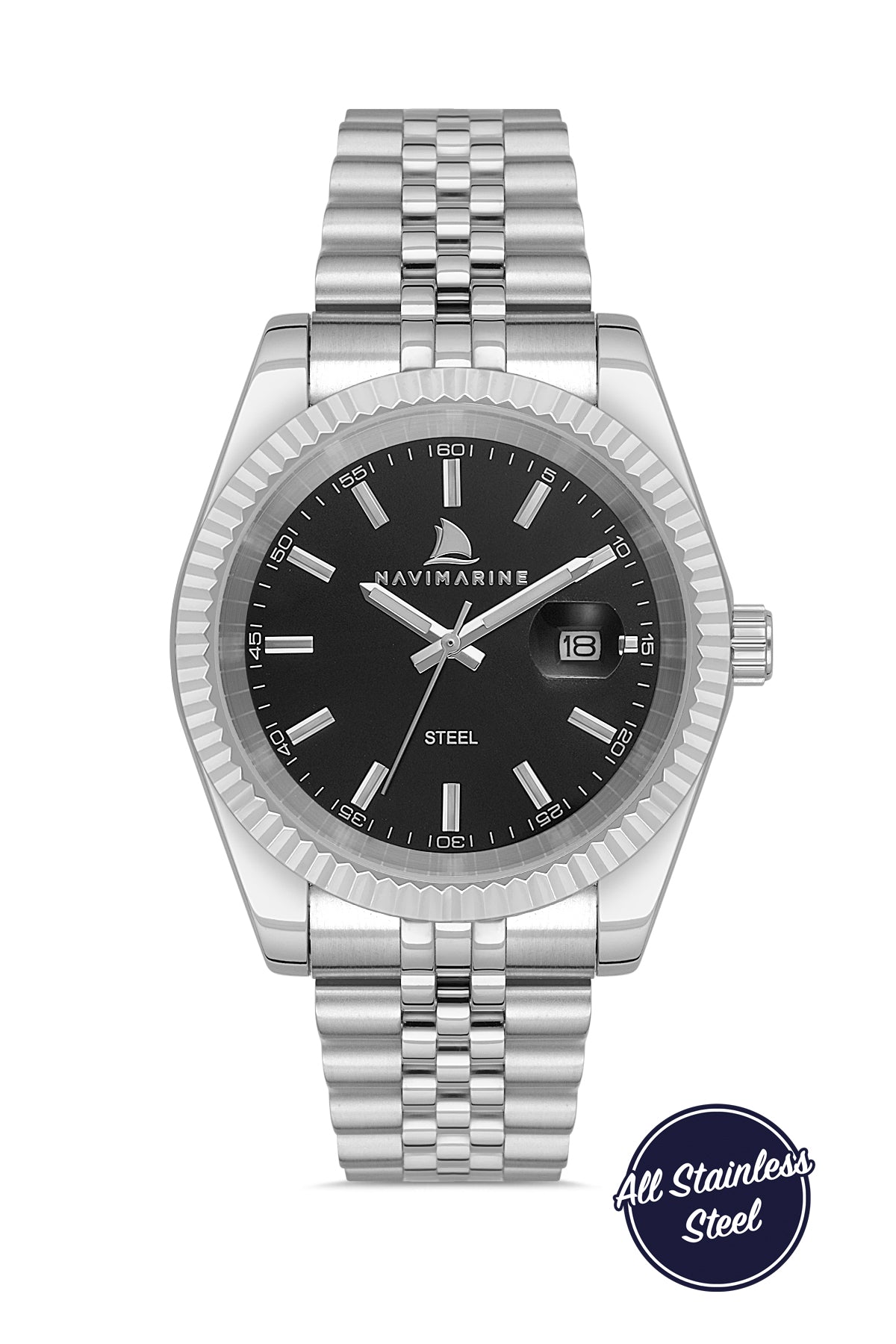 Silver wristwatch with black dial on a white background, featuring the Navimag brand.