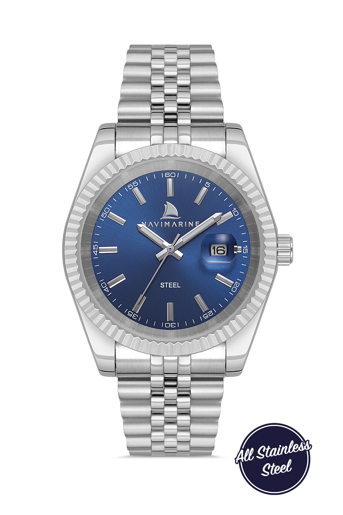 Silver watch with blue dial on a white background