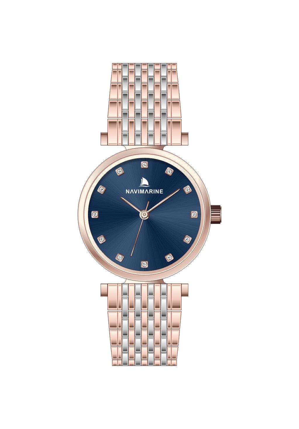 Naviforce watch with rose gold and silver metal band on a white background