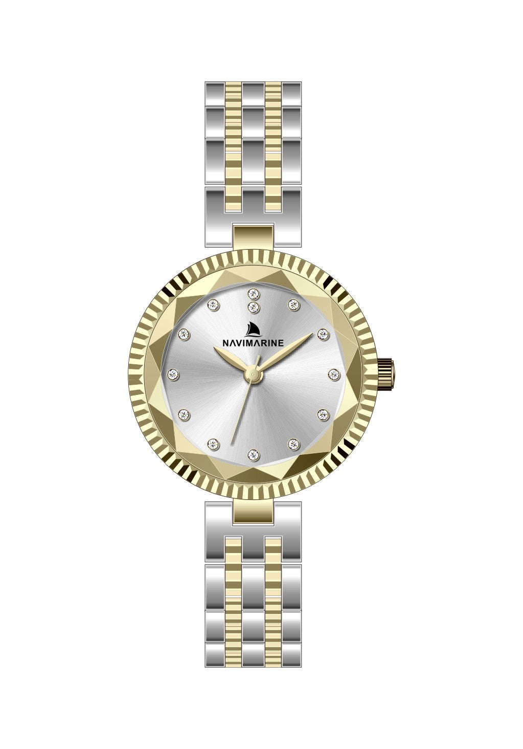 Two-tone watch with gold and silver band on a white background