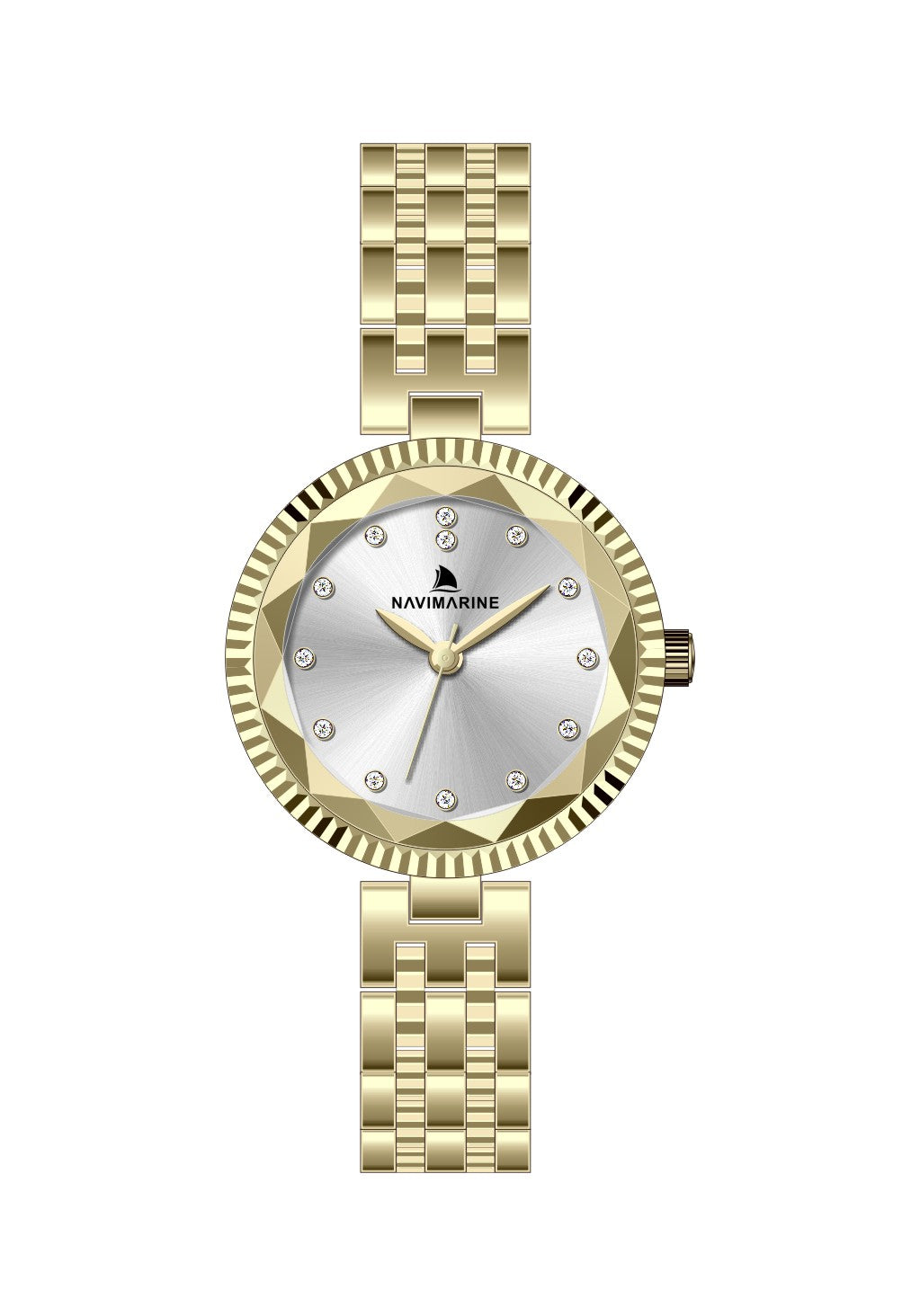 Gold wristwatch with a silver face on a white background