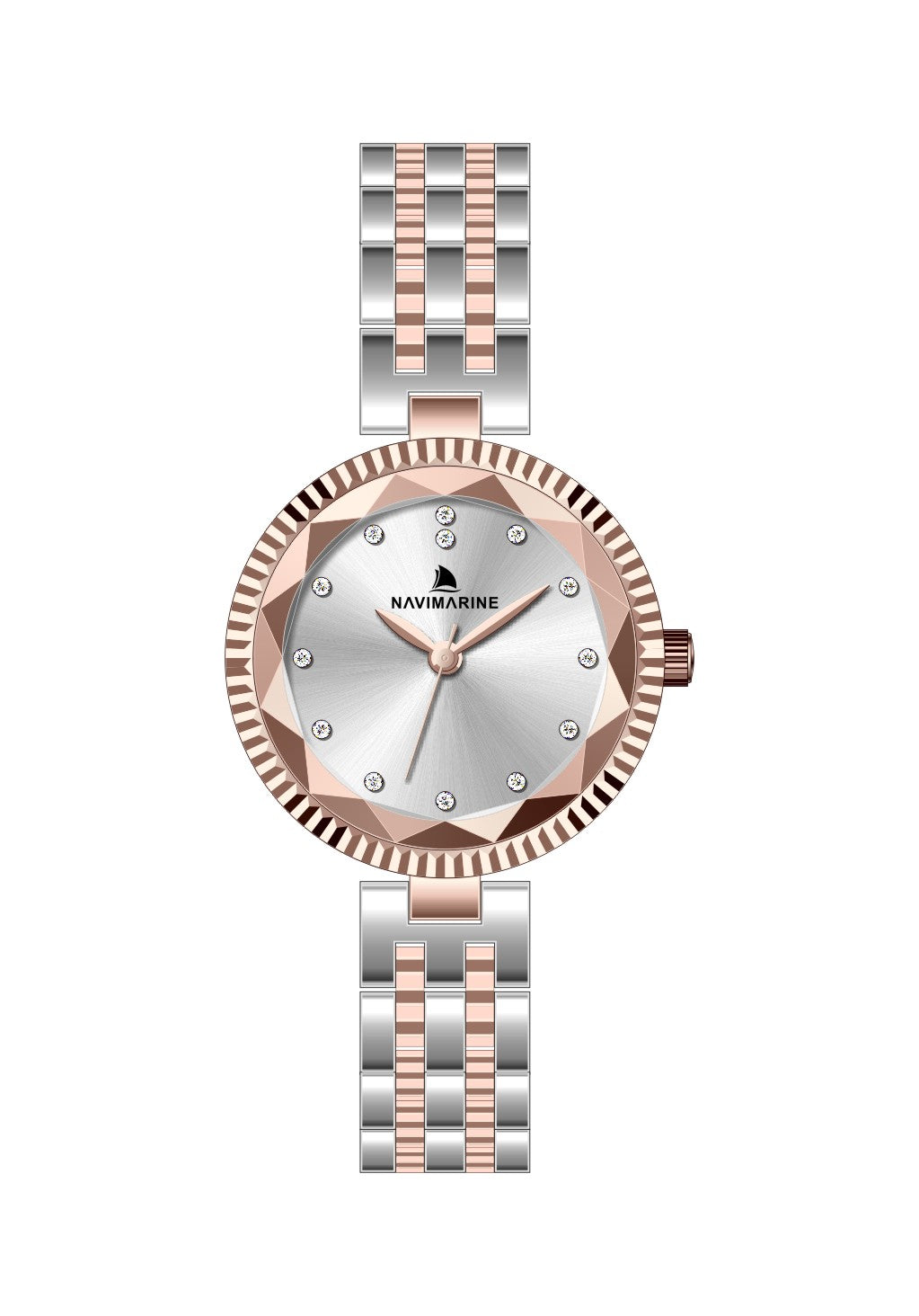 Wristwatch with rose gold and silver band on a white background
