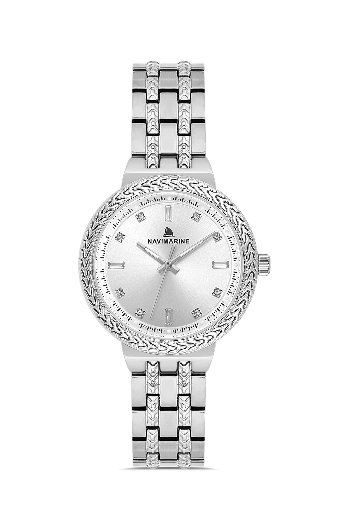Silver wristwatch with decorative band on a white background