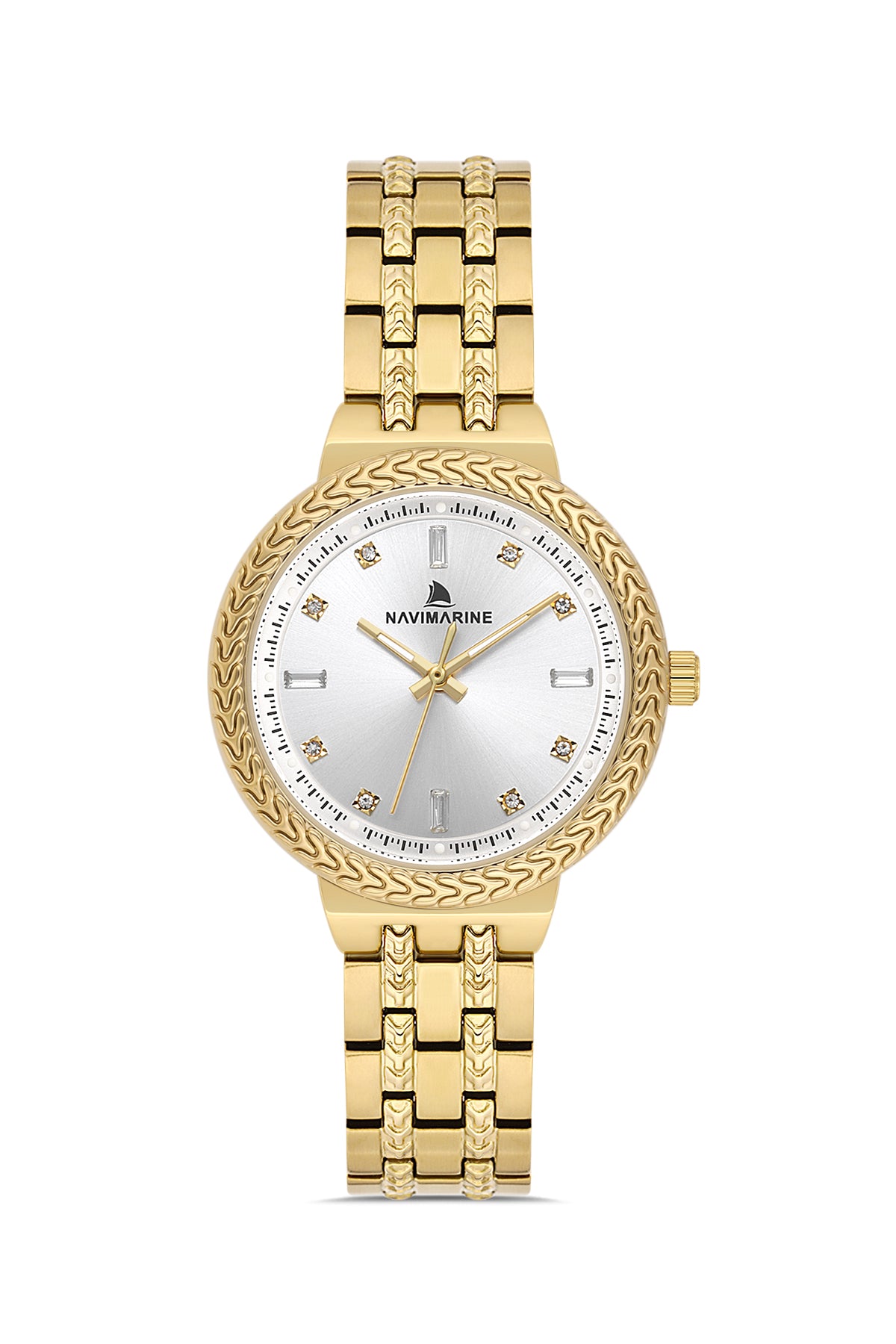 Gold wristwatch with a white face on a white background