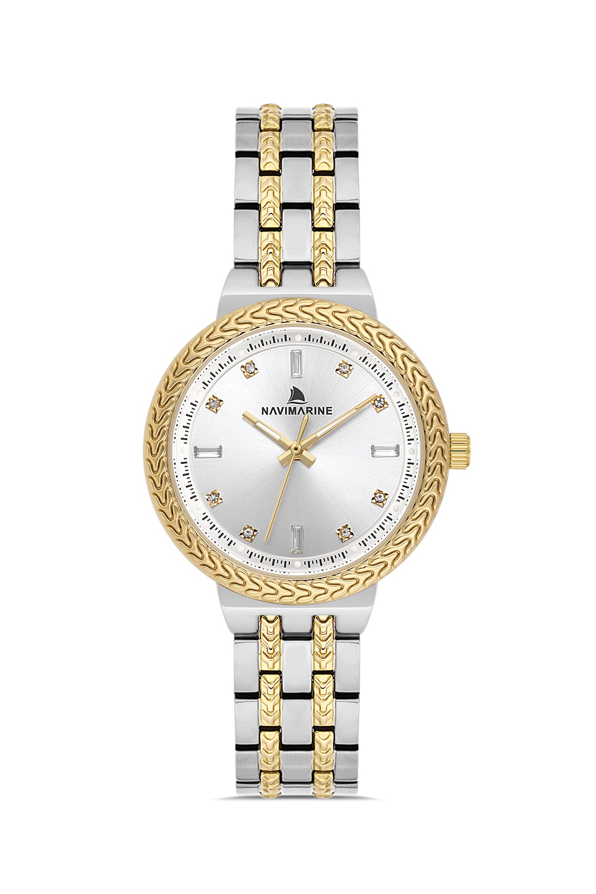 Two-tone watch with gold and silver band on a white background