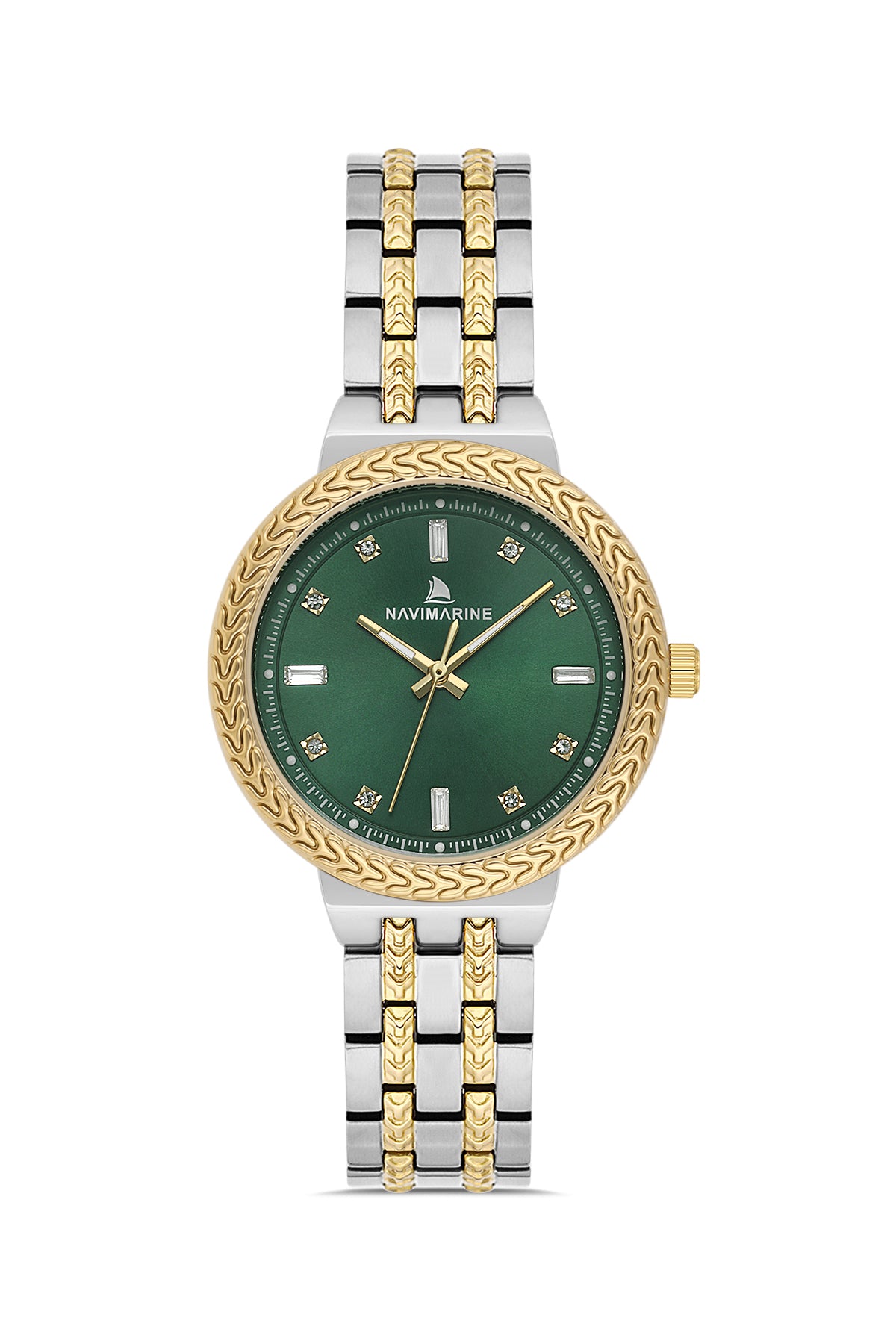 Watch with green dial and gold and silver metal band on white background