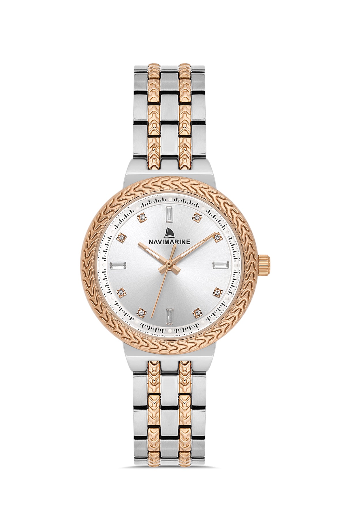 Two-tone watch with decorative face on a white background