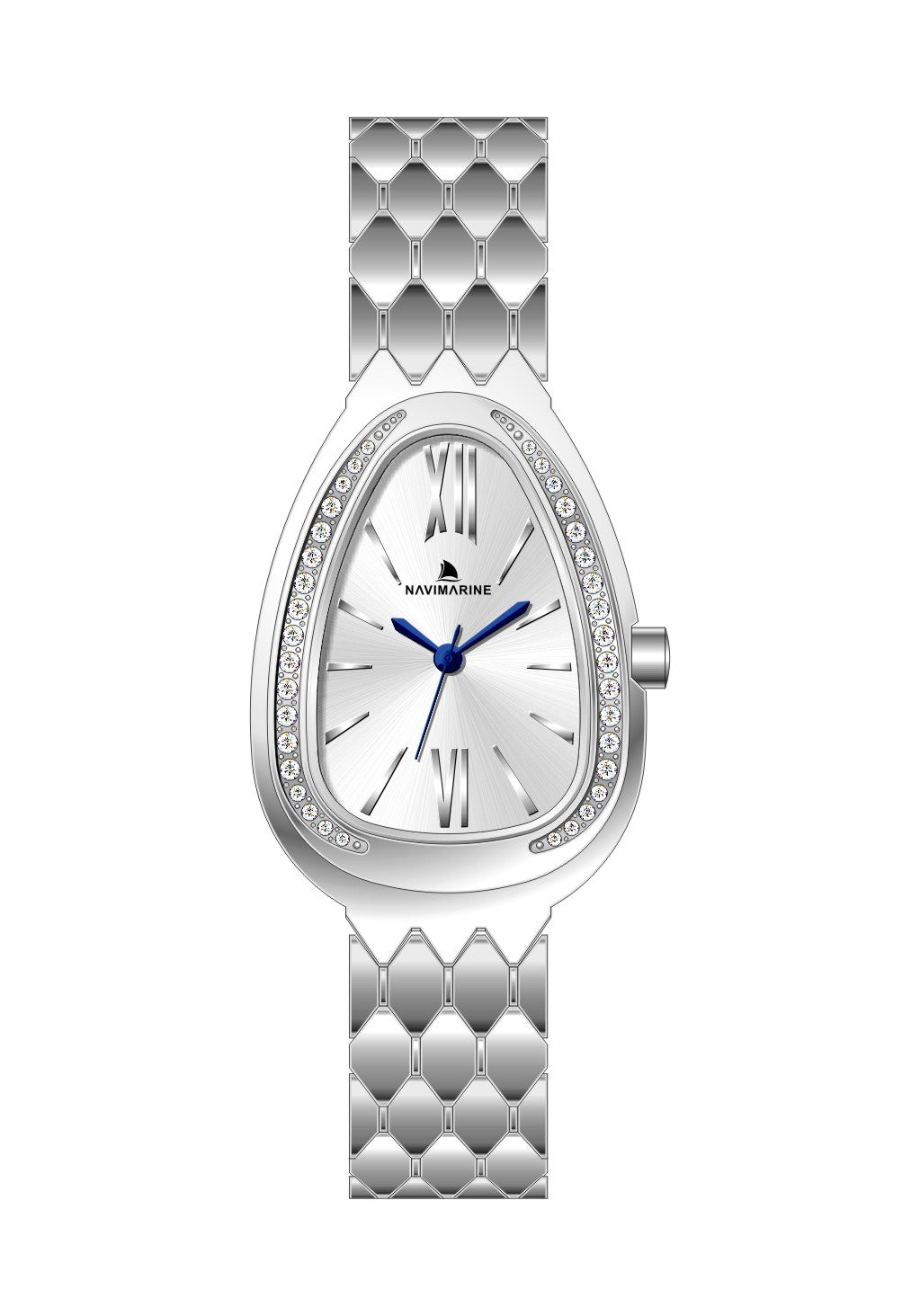 Silver watch with a textured band on a white background
