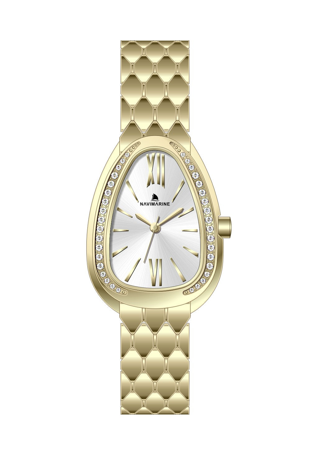 Gold wristwatch with a diamond-studded face on a white background