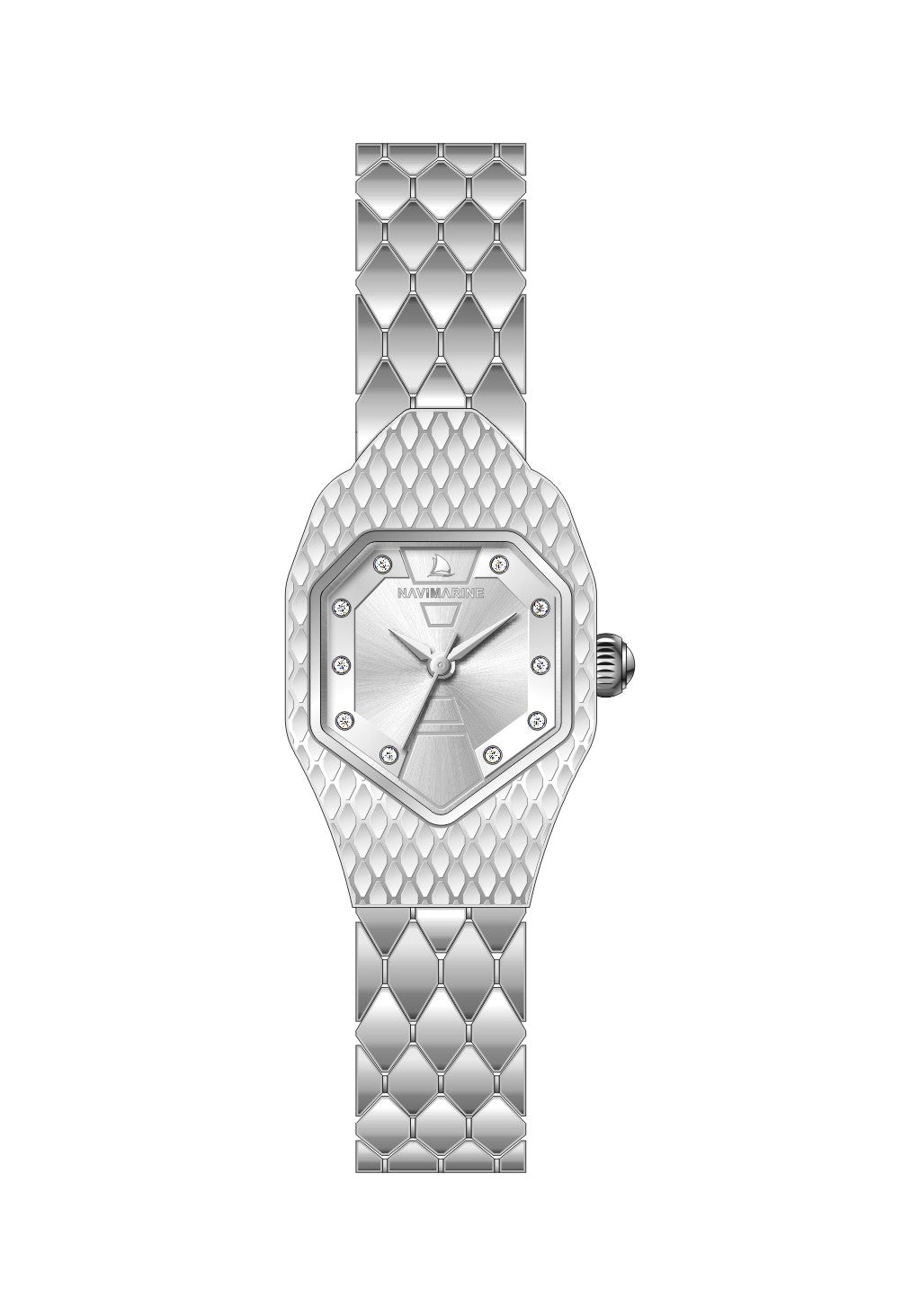 Silver watch with a textured band on a white background