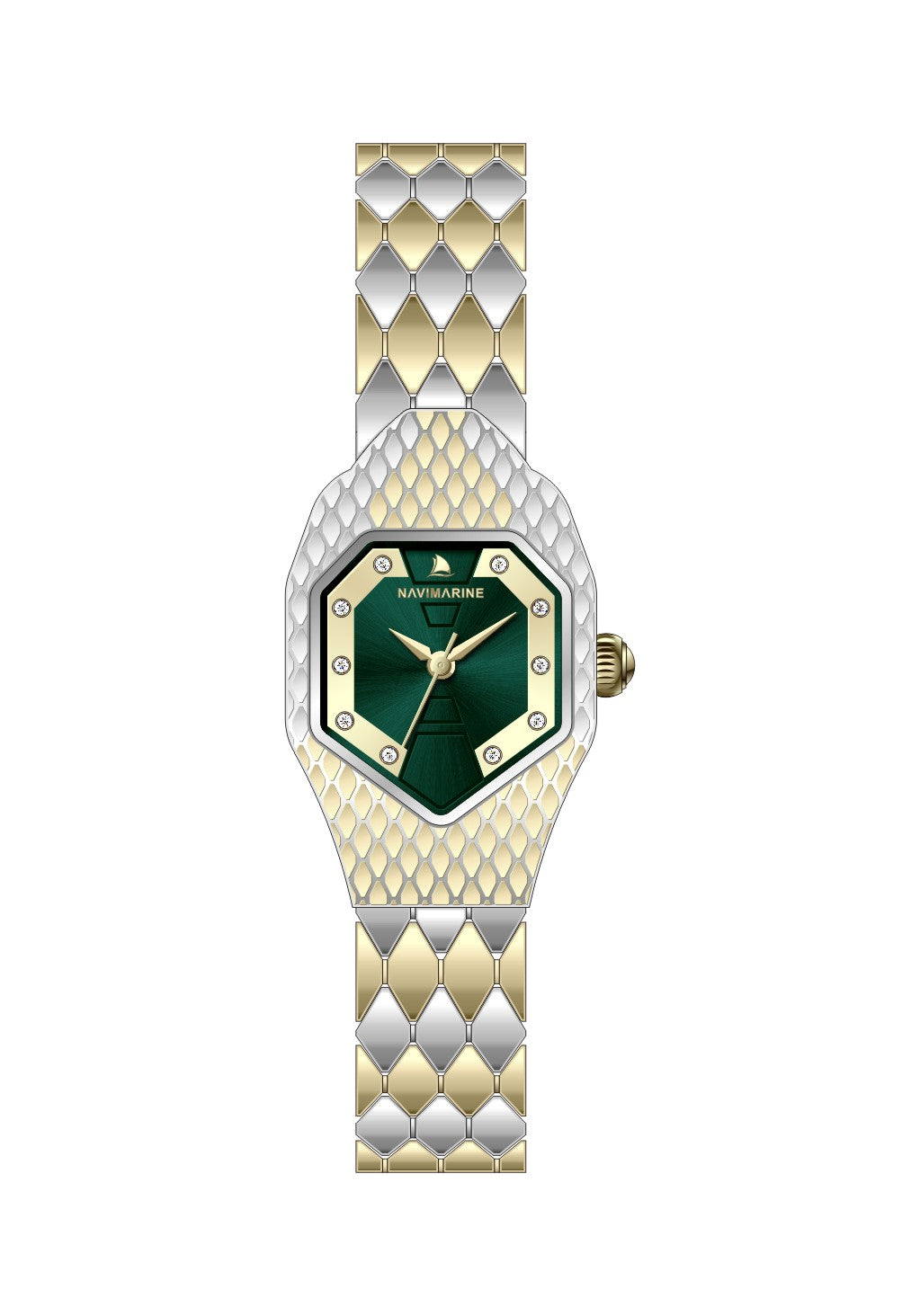 Watch with green face and gold and silver band on white background