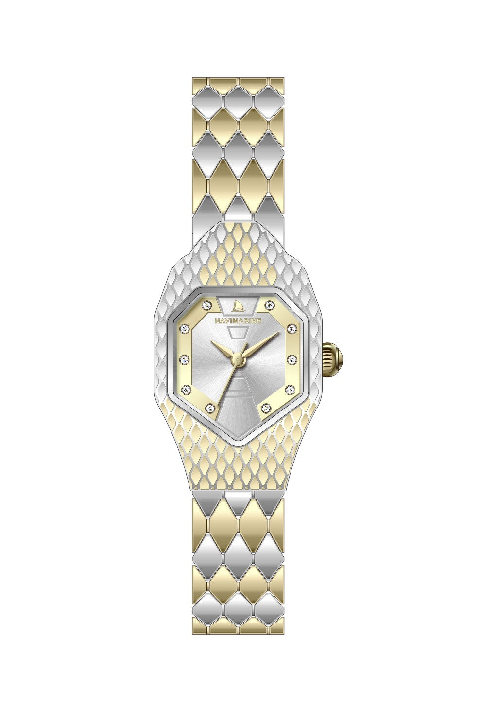 Gold and silver watch with a diamond-studded face on a white background