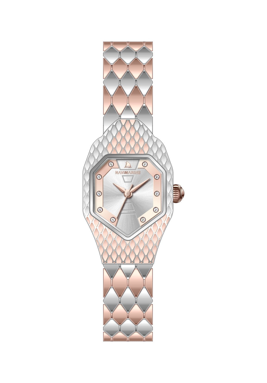 Watch with a rose gold and silver strap on a white background