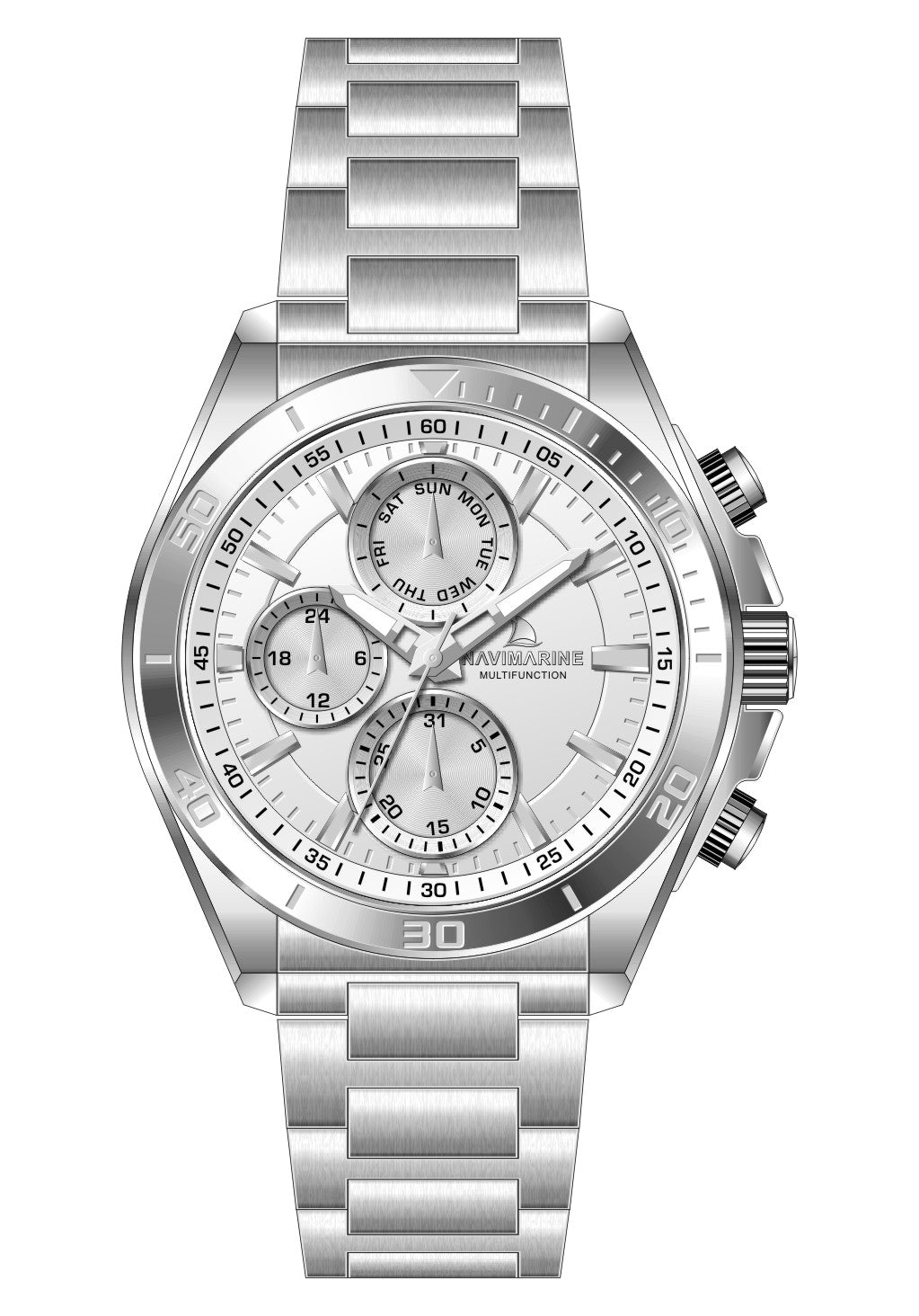 Silver wristwatch with a detailed face on a white background