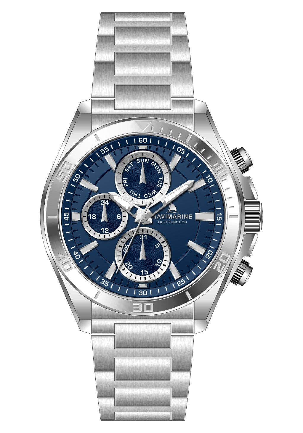 Silver watch with blue dial on a white background