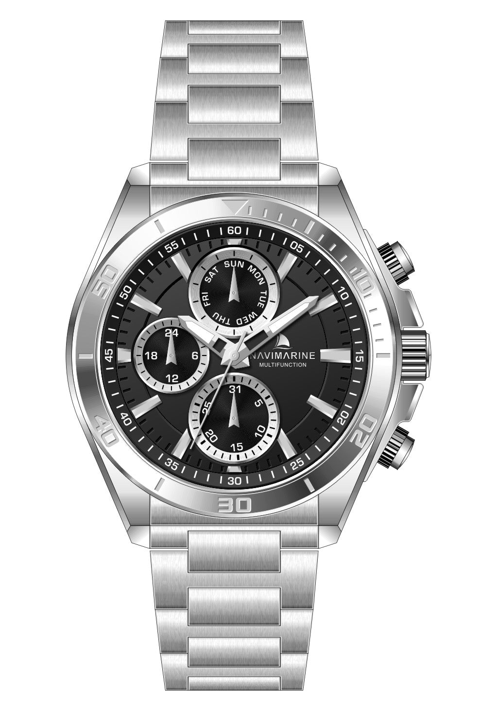 Silver wristwatch with a black dial on a white background