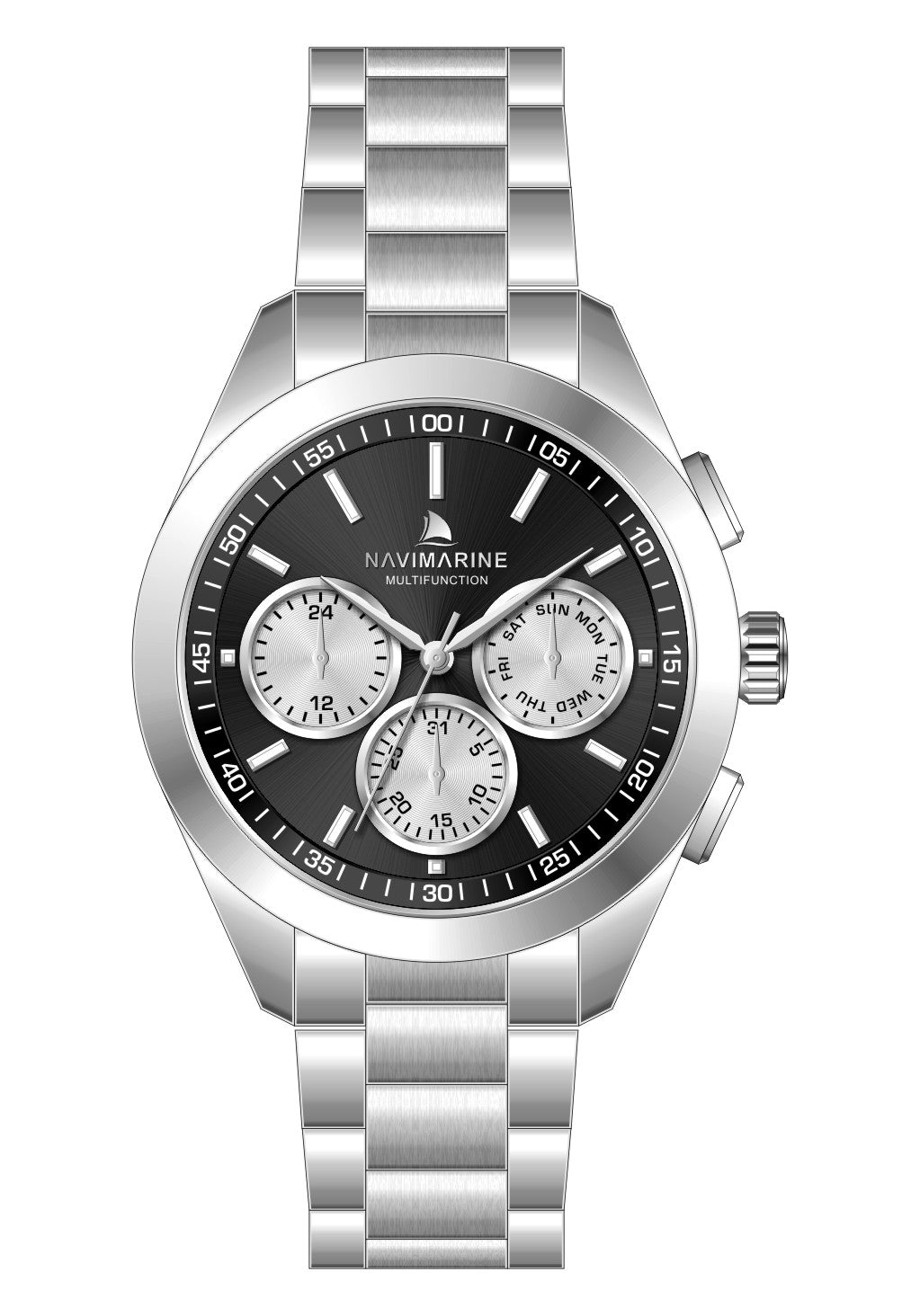 Silver watch with black dial on a white background