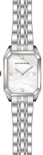 Silver watch with a rectangular face on a white background