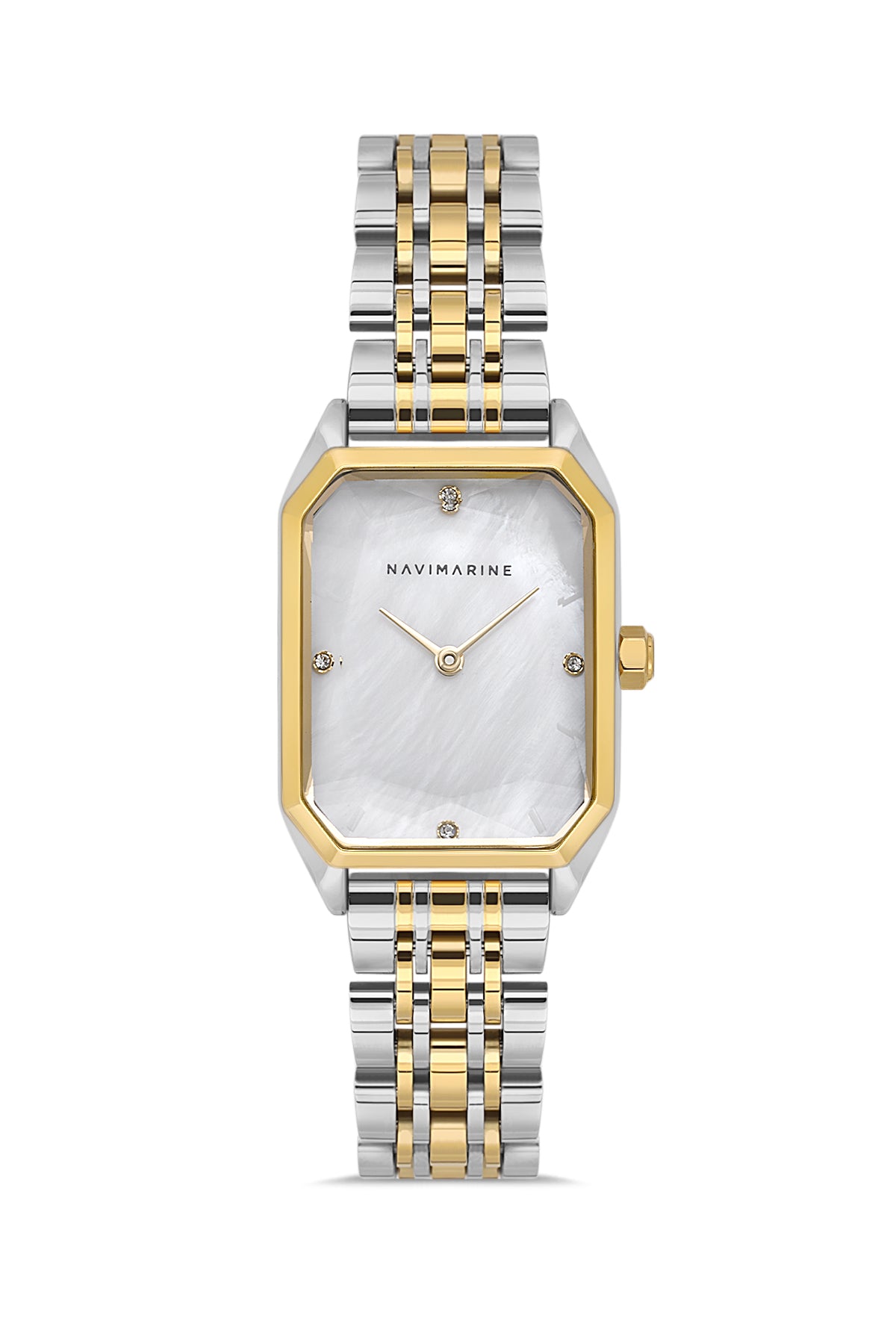 Two-tone watch with silver and gold band on a white background