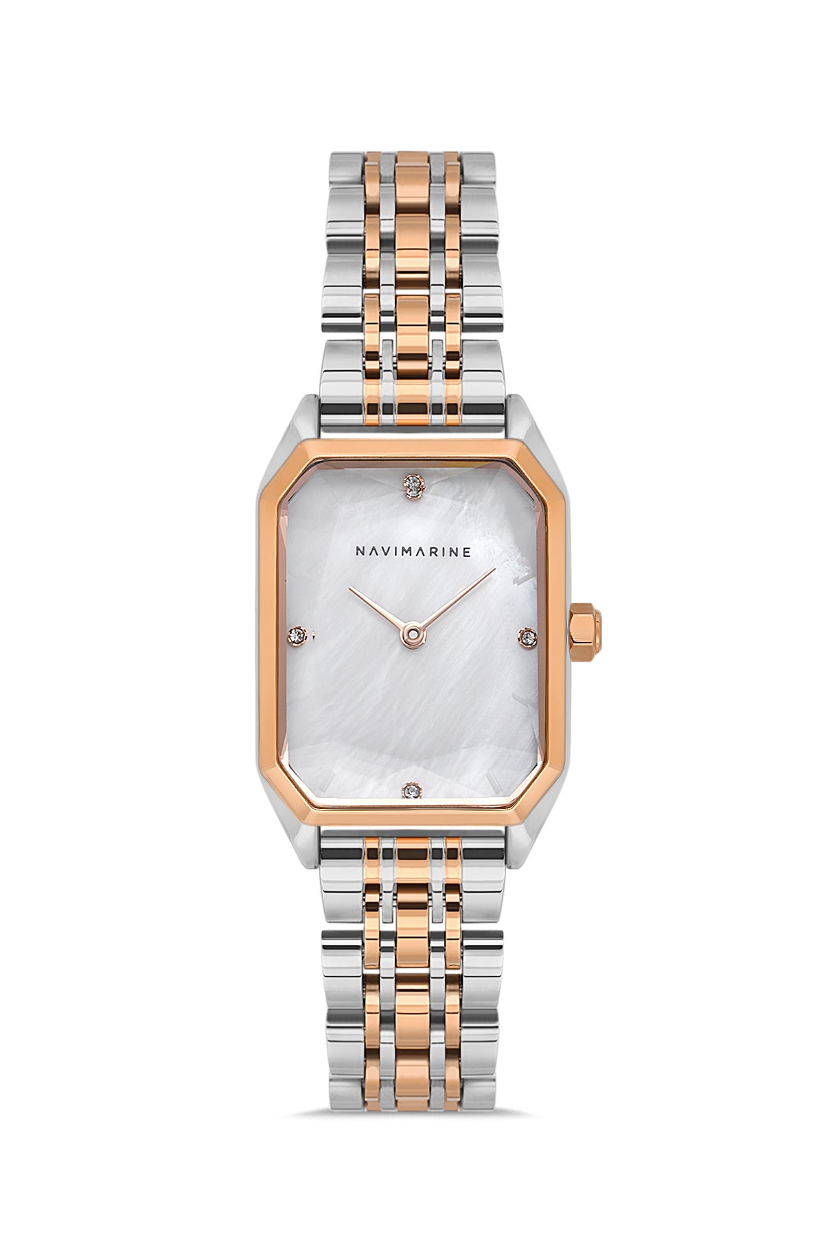 Two-tone watch with silver and rose gold band on a white background