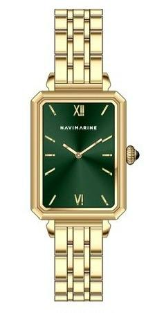 Gold watch with a green face on a white background