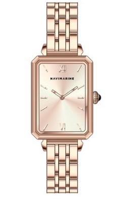 Rose gold watch with a rectangular face on a white background