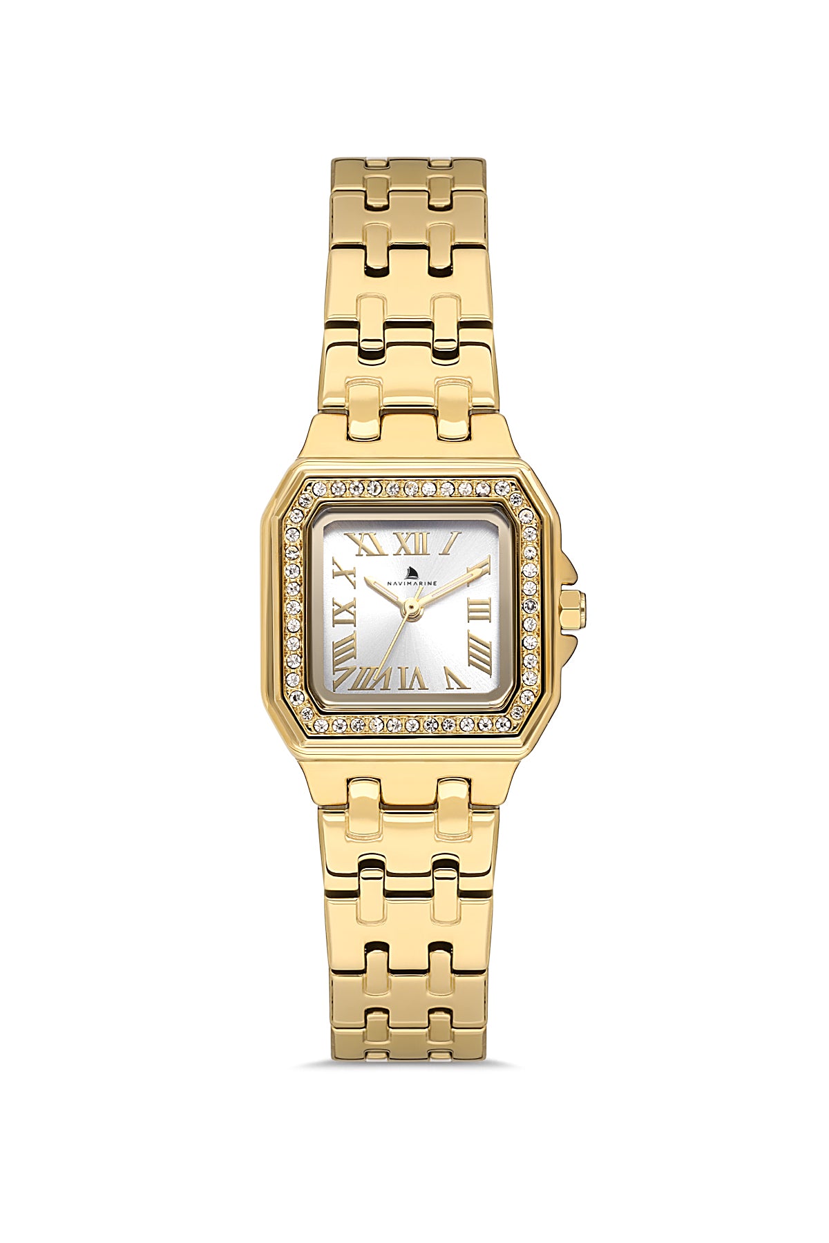 Gold wristwatch with a square face on a white background