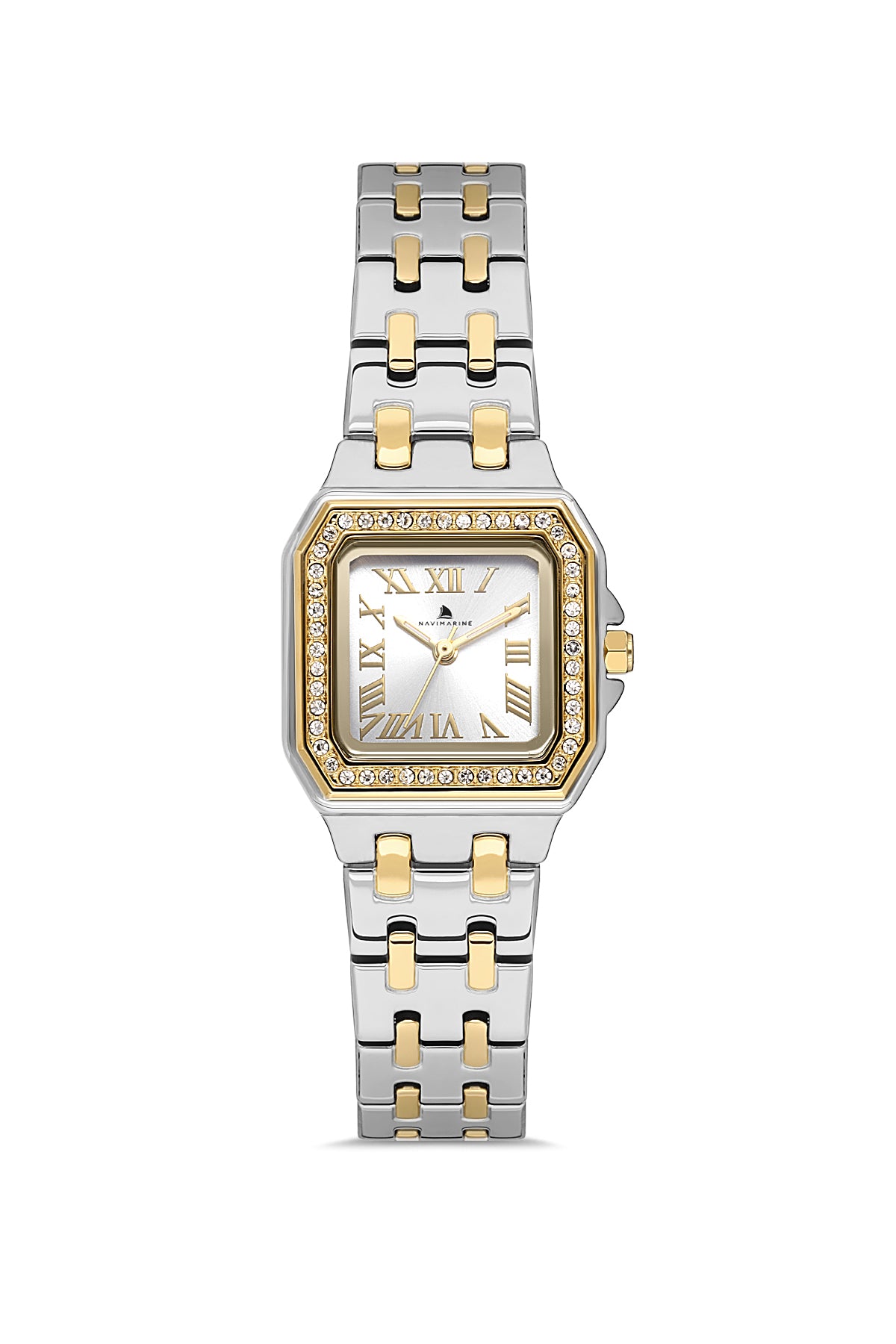 Two-tone watch with silver and gold band on a white background