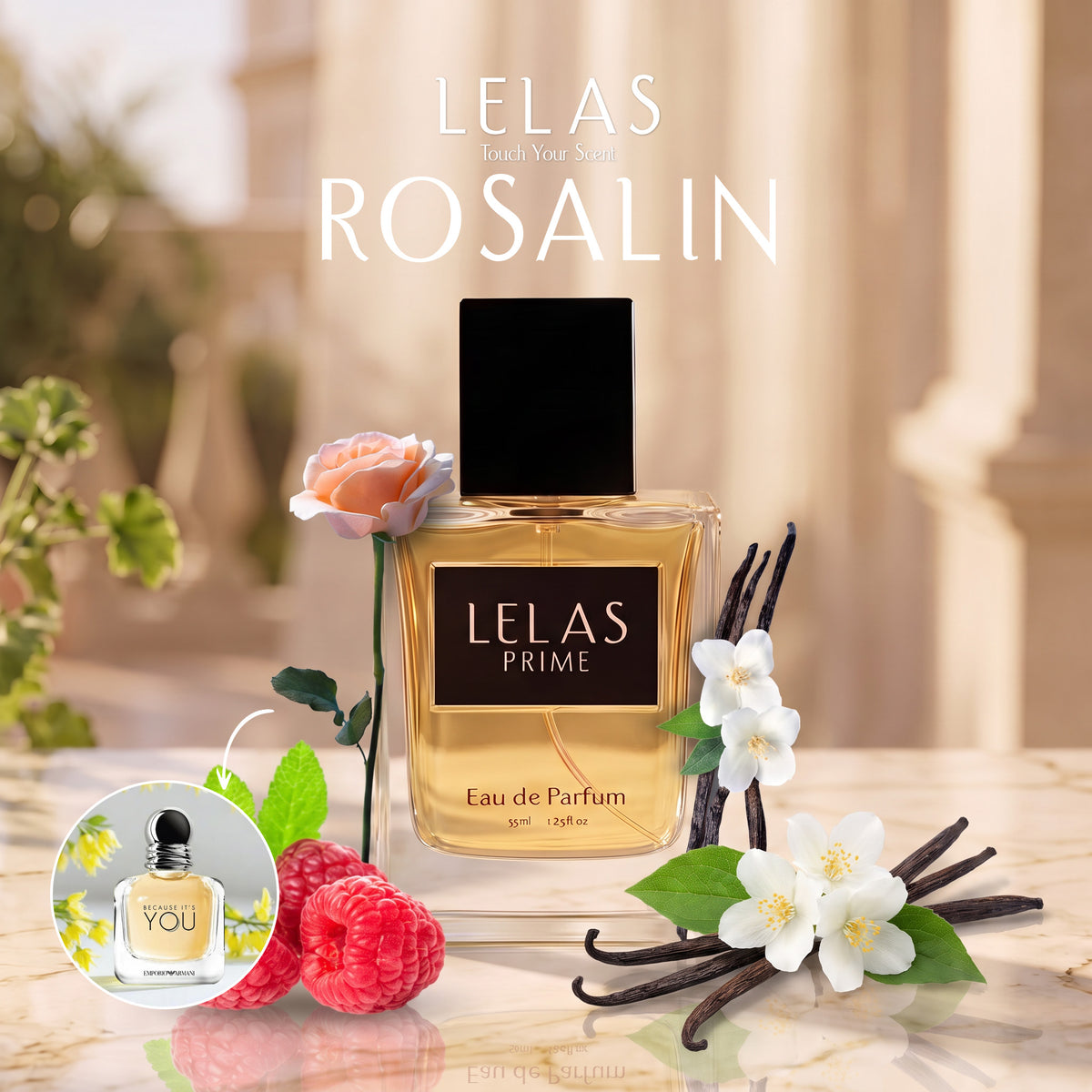 A bottle of LELAS PRIME Rosalin Eau de Parfum is displayed on a marble surface with rose petals, raspberries, white flowers, vanilla beans, and a small circular inset showing the liquid color change. The background is a warm, blurred architectural setting.