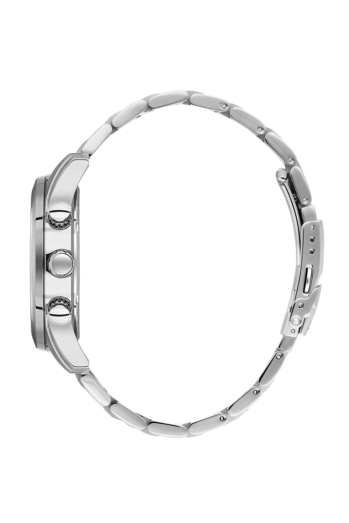 Close-up of a silver watch band on a white background